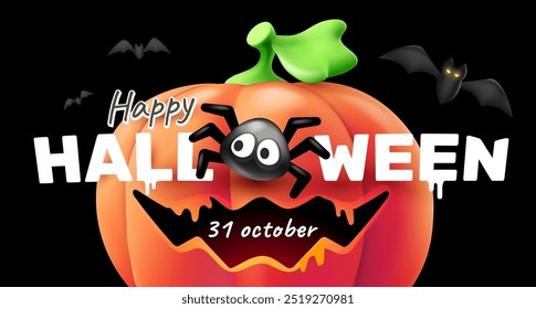 Vector holiday illustration of pumpkin character with scary face with spider and bat on black color background. 3d style realistic design of halloween orange smile pumpkin monster with happy halloween