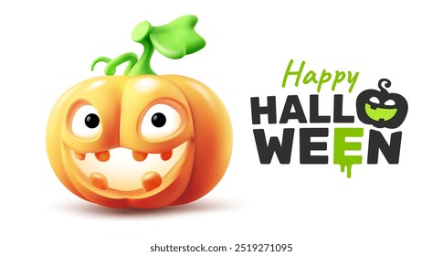 Vector holiday illustration of pumpkin character with glow scary face on white color background. 3d style realistic design of halloween smile orange pumpkin monster with happy halloween word for web