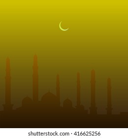Vector holiday illustration of  Ramadan Kareem. Muslim holy month with mosque. Ramadan Kareem. Shiny Ramadan Kareem label. Design for greeting cards and posters.Ramadan Kareem celebration.