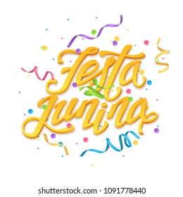 Vector holiday illustration with realistic colorful round confetti, colored curved ribbons and a 3d text “Festa Junina”. Top view on the festive decorative elements isolated from the background.