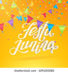 Vector holiday illustration with realistic garlands of colored paper flags, colorful round confetti and a 3d text “Festa Junina”. Festive orange background with hanging paper party banners and letters