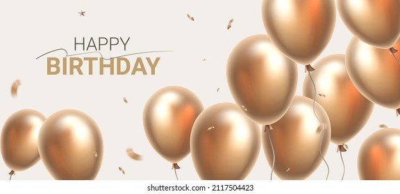 Vector holiday illustration of realistic golden color air balloon. Beautiful template design with balloon and text happy birthday on light background with confetti for greeting card, party poster