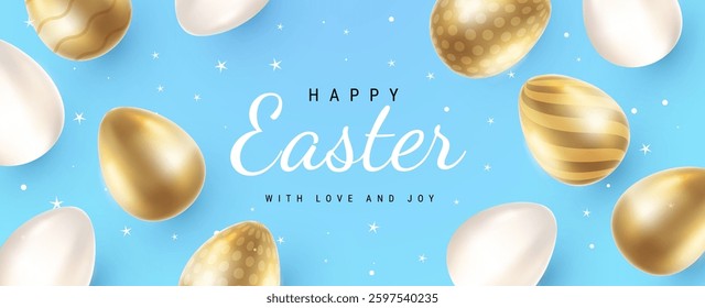 Vector holiday illustration with realistic shine golden and white egg with word Happy Easter. 3d cartoon style pattern design with different golden and white egg for holiday easter hunt banner, card