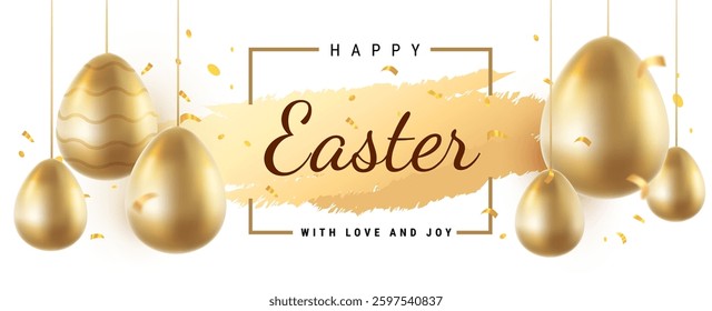 Vector holiday illustration with realistic shine golden egg hanging on ribbon with frame and word Happy Easter. 3d cartoon style design of golden egg with confetti for holiday easter hunt banner, card