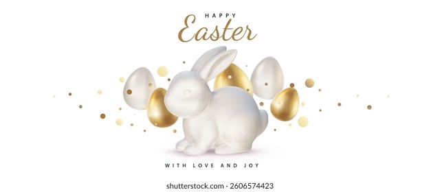 Vector holiday illustration with realistic shine porcelain bunny and golden egg on white background with word Happy Easter. 3d cartoon style easter hunt design with ceramic rabbit and egg for banner