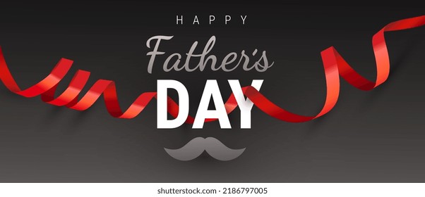 Ilustración vectorial de vacaciones con cinta rojiza y texto feliz Día del Padre. Diseño de plantilla con texto y bigote para la tarjeta de saludo del día del padre, banner sobre fondo de color negro