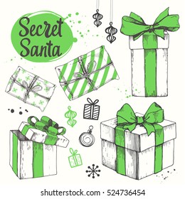 Vector holiday illustration set  Christmas present white background  Beautiful gift box and ribbon in sketch style  Boxing day  Secret Santa party 