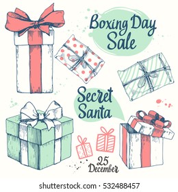 Vector holiday illustration set. Christmas present on white background. Beautiful gift box with ribbon in sketch style. Boxing day. Secret Santa party.