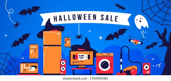 Vektorillustration Feiertagsmarine von Haushaltgeräten auf Nachthintergrund mit Fledermaus und Web. Halloween Verkauf von Haushaltselektronik-Geräten. Flaches Design für Web, Banner, E-Mail
