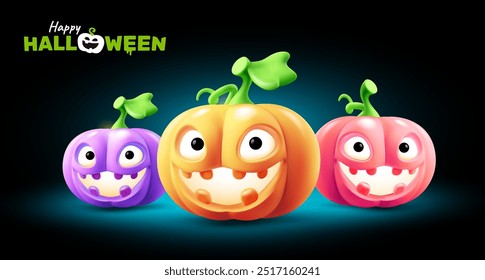 Ilustración de vacaciones de Vector de conjunto de personaje de calabaza con cara de miedo brillante sobre fondo de color oscuro. Diseño realista del estilo 3D de la sonrisa de Halloween objeto monstruoso de la calabaza del color diferente para el Web