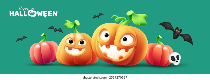 Vector holiday illustration of set of pumpkin character with glow scary face and bat on color background. 3d style realistic design of halloween smile orange pumpkin monster with happy halloween word