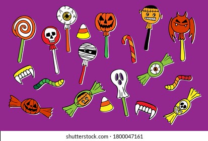 Vector holiday illustration set in purple orange yellow and green colors. Halloween trick or treat sweets - candy, lollipops, jelly. Eyeballs, pumpkins, 
skulls, bat, worms, mummy, vampire teeth