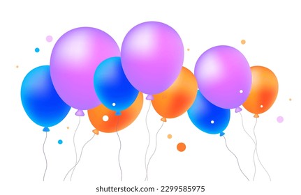 Vector holiday illustration of shine air balloon on white color background with confetti. Design of fly air balloon for web, happy birthday greeting card, sale banner, congratulation poster