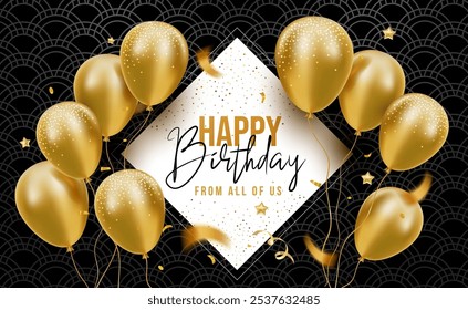 Vector holiday illustration with shine golden flying balloon and text happy birthday. 3d template design of realistic air helium balloon with confetti on black color pattern background for card