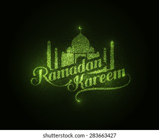vector holiday illustration of shiny Ramadan Kareem label. lettering composition of muslim holy month with mosque building and sparkles