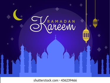 vector holiday illustration of shiny Ramadan Kareem. lettering composition of muslim holy month with mosque building and sparkles. 