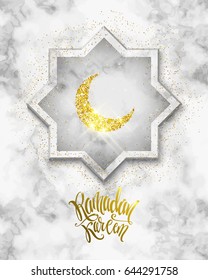 Vector holiday illustration of shiny Ramadan Kareem label on marble background. Lettering composition of muslim holy month