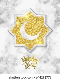 Vector holiday illustration of shiny Ramadan Kareem label on marble background. Lettering composition of muslim holy month