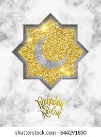 Vector holiday illustration of shiny Ramadan Kareem label on marble background. Lettering composition of muslim holy month