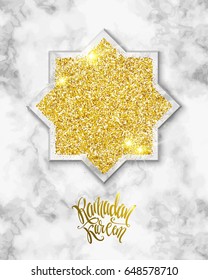 Vector holiday illustration of shiny Ramadan Kareem label on marble background. Lettering composition of muslim holy month