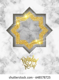 Vector holiday illustration of shiny Ramadan Kareem label on marble background. Lettering composition of muslim holy month