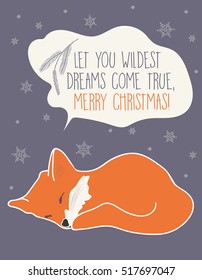 Vector holiday illustration of a sleeping baby fox. Christmas design with adorable cartoon character. Winter greeting card.