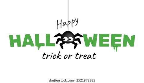 Vector holiday illustration of spider character and happy halloween word on white color background. Flat style design of halloween logo with black spider for web banner, party poster, greeting card