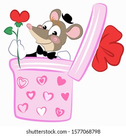 Vector holiday illustration of a stylized funny mouse, a rat is the symbol of 2020 Chinese New Year in the image of a gentleman looking out of a gift box with a flower in the form of a heart