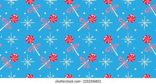 Vector holiday illustration of sweet lollypop on blue color background. Flat style design of christmas seamless pattern with sweet lollipop and snowflake for web, site, banner, paper print, card