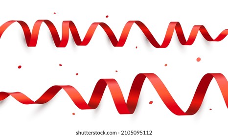 Vector holiday illustration of two curled red ribbon with shadow on white color background. Creative realistic style design of curled red ribbon with confetti for greeting card, banner, poster