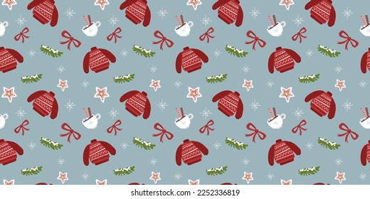 Vector holiday illustration of warm pullover and coffee cup on color background. Flat style design of christmas seamless pattern with star cookie, fir tree and snow for web, site, banner, paper print