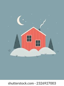 Vector holiday illustration, winter scene with lonely standing house in the forest. Artwork, design for Christmas greeting cards, posters