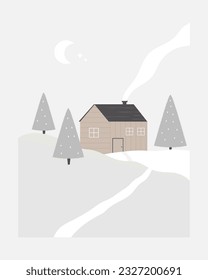 Vector holiday illustration of a winter scene, lonely standing house, mountains. Artwork, design for Christmas greeting cards, posters