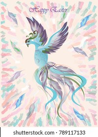 Vector holiday image with blue firebird and colorful strokes on light background. Easter card