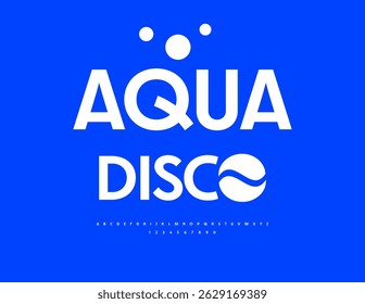 Vector Holiday invitation Aqua Disco. Stylish White Font. Elegant Digital Alphabet Letters and Numbers set.