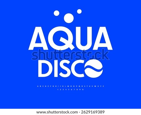 Vector Holiday invitation Aqua Disco. Stylish White Font. Elegant Digital Alphabet Letters and Numbers set.