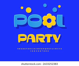Vector Holiday invitation Pool Party with Creative Sun. Summer Yellow Font. Festive Alphabet Letters and Numbers