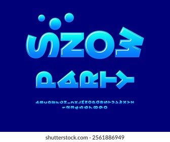 Vector holiday invitation Snow Party. Unique Glossy Font. Rotated Blue Alphabet Letters and Numbers set.