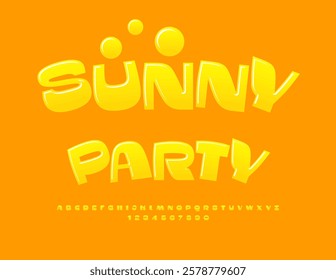 Vector Holiday invitation Sunny Party. Summer Yellow Font. Cool Glossy Alphabet Letters and Numbers set.