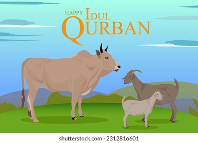 vector holiday islamic idul adha qurban cow goats farm in green field light blue day 