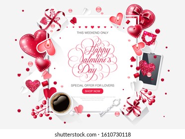 Vector holiday isolated Valentine day love realistic cup coffee heart lettering calligraphy handwriting penmanship inscription geometric vintage design brochure flyer advertising sale white background