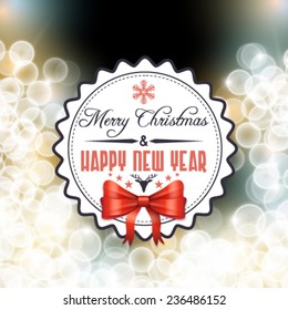 Vector holiday label with bow and ribbon on shiny background