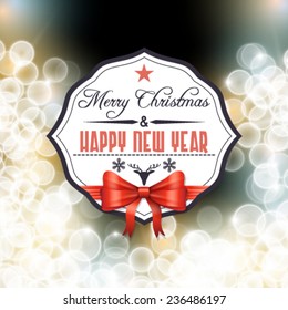 Vector holiday label with bow and ribbon on shiny background