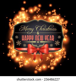 Vector holiday label with bow and ribbon on shiny background