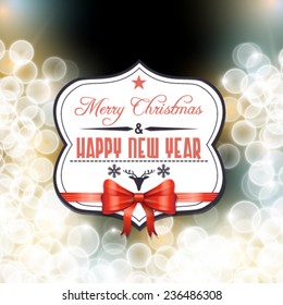 Vector holiday label with bow and ribbon on shiny background