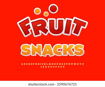 Vector Holiday label Fruit Snacks. Orange Sticker Font. Decorative Alphabet Letters and Numbers set. 