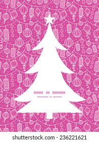 Vector holiday lanterns line art Christmas tree silhouette pattern frame card template