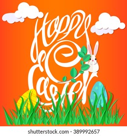 Vector holiday layered paper illustration. Happy Easter lettering, colorful paper cut volumetric elements - white bunny, easter eggs hidden in a grass. Religious holiday greeting card.
