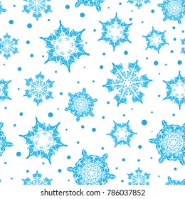Vector holiday light blue hand drawn christmass snowflakes repeat seamless pattern background. Can be used for fabric, wallpaper, stationery, packaging.