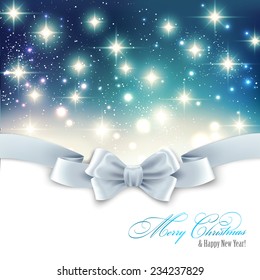 Vector Holiday light Christmas background with white silk bow